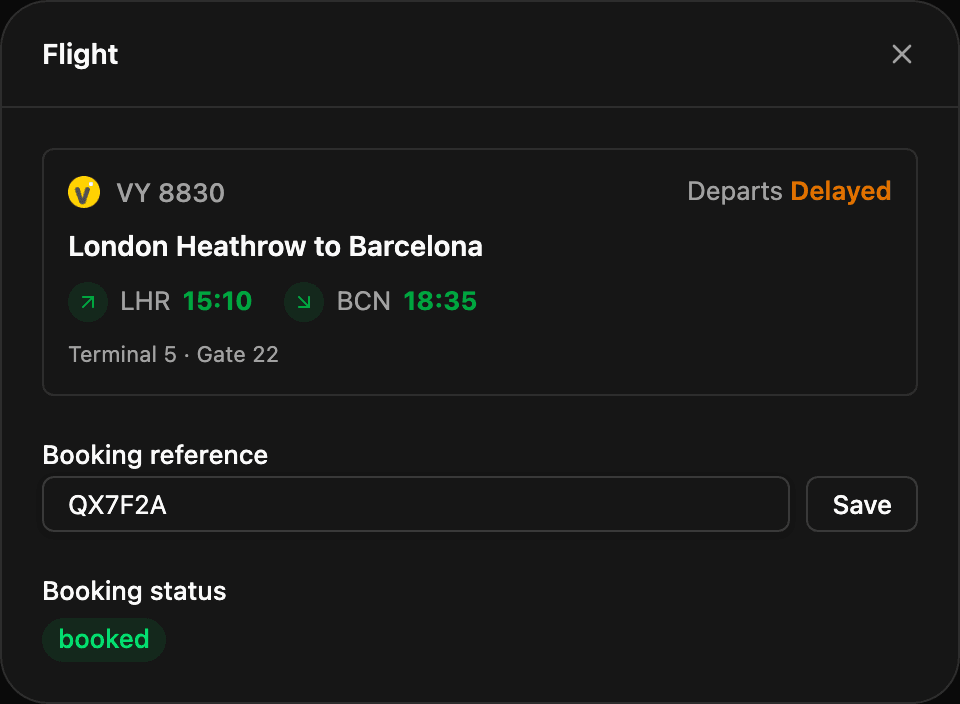 Reeve's flight card, showing VY8830 from London Heathrow to Barcelona, delayed, gate 22, terminal 5, tracked live