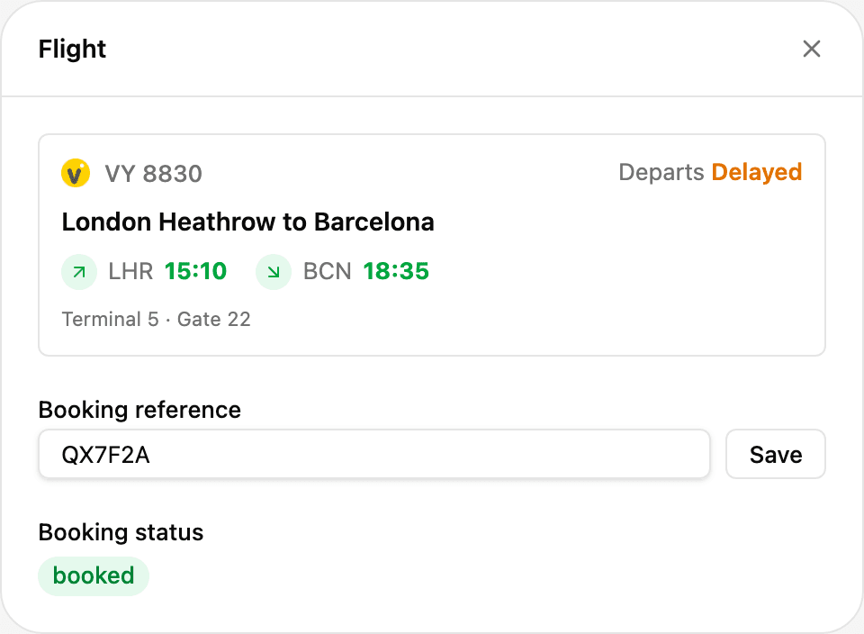 Reeve's flight card, showing VY8830 from London Heathrow to Barcelona, delayed, gate 22, terminal 5, tracked live